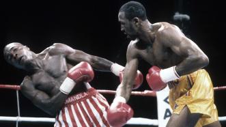 Thomas Hearns battles Sugar Ray Leonard in 1989.